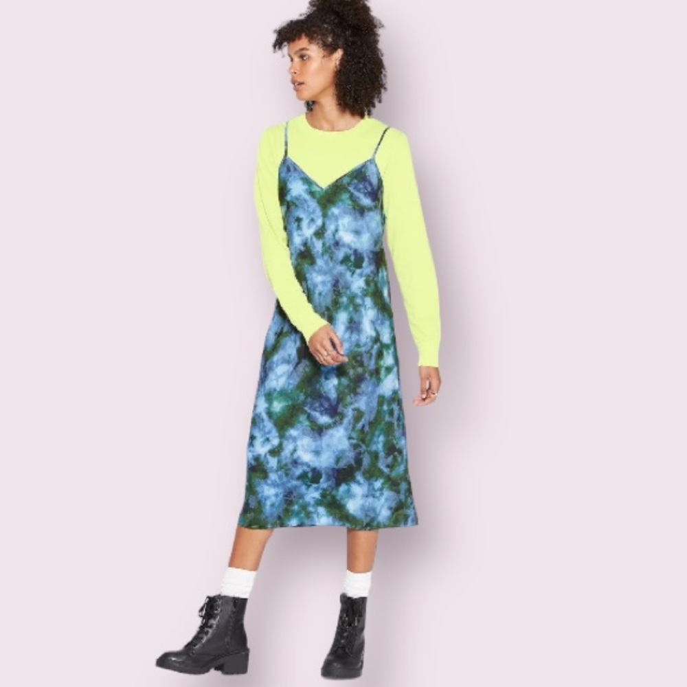 Wild Fable Sleeveless V-Neck Blue and Green Tie Dye Slip Midi Dress